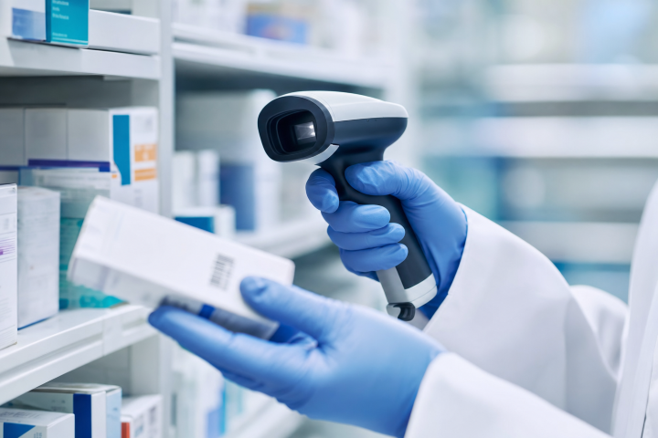 Gloved hands scanning a barcoded medication box during a pharmacy inventory count